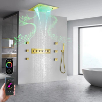 Ceiling Mounted SUS304 500*500 LED Music Shower Head Rainfall Waterfall Mist Thermostatic Brass Body Bathroom Shower Faucet Set