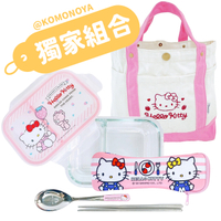 【小禮堂獨家超值組合】Hello Kitty 分隔玻璃保鮮盒+餐具組+便當袋 47102435-96463