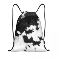 Cowhide Leather Drawstring Backpack Bags Men Women Lightweight Animal Hide Texture Gym Sports Sackpack Sacks for Traveling