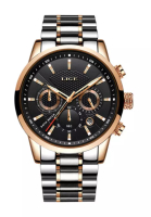 LIGE LIGE 計時碼表中性玫瑰金彩色拋光不銹鋼石英手錶 43 毫米，黑色錶盤，雙色手鍊