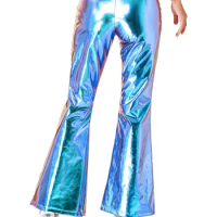 Womens Elastic Waistband Bell Bottom Flared Trousers Mid Waist Shiny Metallic Disco Pants for Dancing Party Music Festival Club