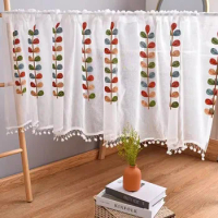 Leaf Style Embroidered Semi Sheer Curtain Kitchen Tiers Half Window Sheer Curtains Rod Pocket Voile Drapes for Kitchen
