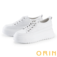【ORIN】壓紋牛皮綁帶厚底休閒鞋(白色)