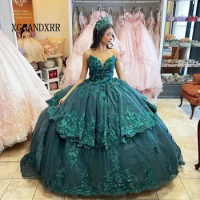New Emerald Green Quinceanera Dress 2024 Mexican Lace Florals Sweet 15 Dress Sequin Vestidos Birthday Party Gown Plus Size