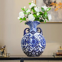 全手繪中式青花瓷花瓶雙耳瓷瓶歐式扁瓶玄關客廳展示柜軟裝飾品