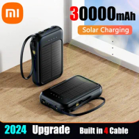 Xiaomi 30000mAh Solar Power Bank Built Cables Solar Charger 2 USB Ports External Charger Powerbank with LED Light