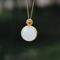 Natural Hetian white jade pendant 18K gold and silver round birthday gift exquisite Necklace