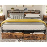 King Size Bed Frame with Storage Headboard, Platform Drawers and Charging Station, No Box Spring Needed， Bed