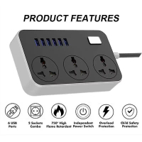 Extension Plug 6 USB Port 3 Universal Power Strip Extension Plug Power Socket Electric Sockets Elekt