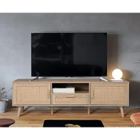 59" TV Stand for up to 65 inches TV TV Console with 2 Hand Made Rattan Decorated Doors