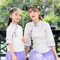 春夏中國風繡花改良旗袍上衣+網紗半身裙兩件套母女親子套裝1入