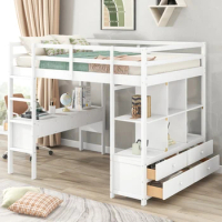 Full Size Loft Bed,youth bed w/ Built-in Desk with 2 Drawers,Multifunctional kids bed w/ Sturdy Frame &amp; Storage Shelves,White