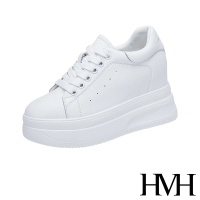【HMH】真皮運動鞋 厚底運動鞋/真皮厚底內增高經典時尚休閒運動鞋(白)