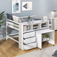 Full Size Low Loft Bed with Rolling Portable Desk,Multifunctional bed with Drawers and Shelves,for Kids youth bedroom,white