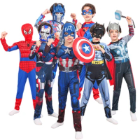 Superhero Spider Man Captain America Iron Man Thor Hulk Cosplay Costume Muscle Bodysuit Jumpsuit for Kids Halloween Party