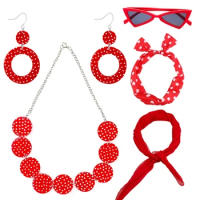 PESENAR 50's Costume Scarf Polka Dot Headband Earring Cat Eye Glasses Necklace, Accessories Set (Red)