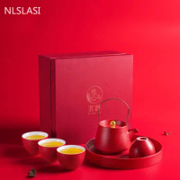 6 Pcs/set Chinese Red Wedding Ceramic Tea Sets Exquisite Teapot Handmade Kettle Teacups Tray Household Teaware with Gift Box
