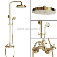 Wall Mounted Gold Color Bathroom Handheld Shower Brass Rain Shower Faucet Set Mixer Tap + 7.7 inch Round Shower Head Wgf335