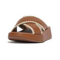 【FitFlop】F-MODE CROCHET-STITCH LEATHER FLATFORM SLIDES編織皮革造型交叉涼鞋-女(淺褐色)