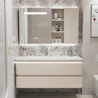 Nordic Style Modern Filleted Corner Wall Mounted Vanity Set Solid Wood Bathroom Vanity Cabinet With Mirror