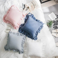 Ins Washed Cotton Cushion Cover Double-Layer Lotus Leaf Lace Cushion Protection Cover Sofa Bay Window Waist Decoration 45X45cm