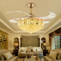 Crystal Ceiling Fan Lamp LED Light Gold Invisible Blades Ceiling Fan Lamp Bedroom Living Dining Room 42in 48Inch Remote Control