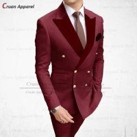 20 Colors Luxury Gold Buttons Men's Suits 2Pcs Tailor-made Wedding Groomsmen Groom Tuxedo Burgundy Velvet Lapel Blazer Pants Set