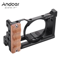 Andoer Camera Cage For Sony RX100 VI/VII with Cold Shoe Mount 1/4 Screw Wooden Handgrip Vlogging Shooting Cameras Accessories