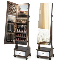 Mobile Jewelry Cabinet w/ Full-Length Mirror 3-Color LED Lights Standing Armoire