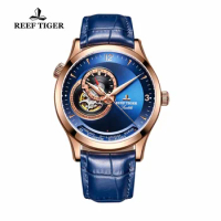 Reef Tiger/RT Casual Watches Water Resistant Rose Gold Blue Dial Watches Leather Watch Band Automatic Watches RGA1693