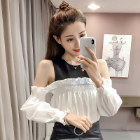 春裝女裝新款圓領假兩件露肩襯衫女設計感小眾修身顯瘦打底衫1入