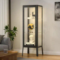Ryoko Glass Display Cabinet with Adjustable 3-Shelf Shelves, Lock and Door, Dust-Proof, LED Light, Curio Cabinet