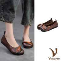 【Vecchio】真皮便鞋 牛皮便鞋/全真皮頭層牛皮立體葉片撞色造型舒適便鞋(咖)