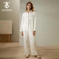 LILYSILK Silk Women's Pajama Set 22 Momme Contrast Piping Button-Up Full Length Sleepwear for Sleeping Free Shipping