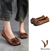 【Vecchio】真皮便鞋 方頭便鞋/全真皮頭層牛皮手工立體花朵寬楦方頭舒適便鞋(棕)