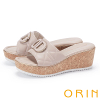 【ORIN】造型縫線羊皮坡跟厚底拖鞋(裸色)