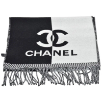 【CHANEL 香奈兒】經典拼色雙C LOGO羊毛流蘇圍巾(黑色/白色AAA255-BLK-WHI)