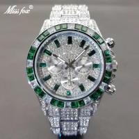 MISSFOX Hip Hop Calendar Watch For Men Stylsih Ice Out Green Diamond Male Watches Automatic Date Waterproof Hand Clock 2022 New