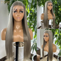 Long Heat Resistant Gery Silky Straight 13x4 Futura Synthetic Lace Front Wigs For Black Women Glueless Synthetic Wig Daliy Use