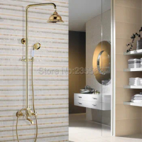Gold Polish Bathroom Rain Shower Faucet Bath Shower Mixer Tap 8" Rainfall Head Shower Set System Bathtub Faucet Wall Mounted