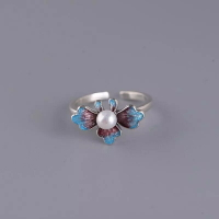牡丹花戒指鍍S925銀復古女款時尚民族風燒藍鑲珍珠開口可調節指環