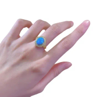 S925 Silver Ring with Gold Plated 8 * 10mm Oval Opal Blue Ring