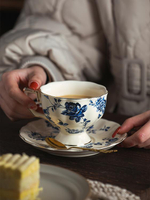 索廚 法式復古風紅花咖啡杯杯碟套裝陶瓷家用茶杯青花瓷高檔精致 免運  領券更優惠