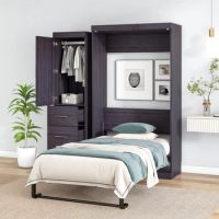 Twin Size Murphy Bed with Wardrobe and Drawers, Storage Bed, can be Folded into a Cabinet, with 1 Wardrobe and 3 Drawers, Gray