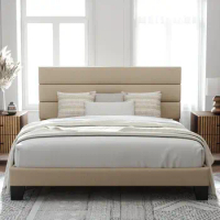 Allewie King Size Platform Bed Frame with Fabric Upholstered Headboard and Wooden Slats Support, Fully Upholstered Mattress