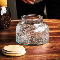 小V優購復古浮雕海棠花玻璃儲物罐零食茶葉咖啡豆家用竹木蓋密封罐廚房收納玻璃瓶