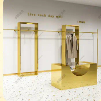 Clothing store display shelf wall hanging floor stainless steel titanium gold hanging clothes shelf women's store display shelve