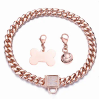 10mm/14mm Width 10-26inch Rose Gold Color 316L Stainless Steel Curb Cuban Link Chain Dog Collar with ID Tag and Bell