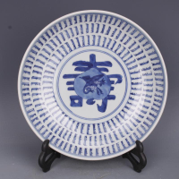 清康熙青花壽字紋賀壽盤全手工仿古工藝老貨瓷器擺件古董古玩收藏1入