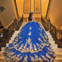 New In Gold Sequined Appliques Royal Blue Quinceanera Dress Baeded Ruffels Vintage Mexican Ball Gown Dress18th Birthday Debut